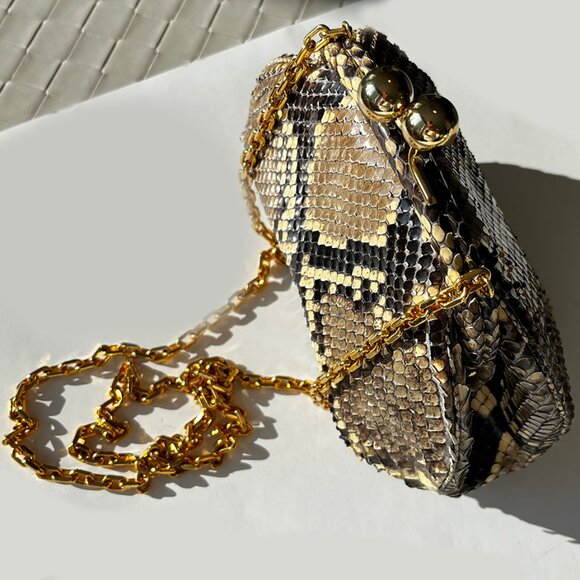Vintage, Rare Judith Leiber Python Minaudière Bag, Gold Chain, Crossbody - Picture 5 of 15